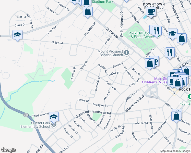 map of restaurants, bars, coffee shops, grocery stores, and more near 22 Hagins Street in Rock Hill