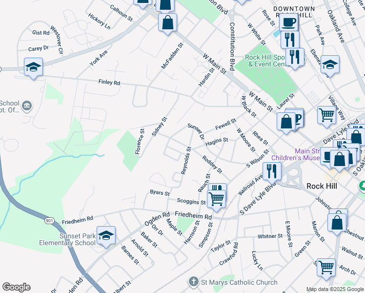 map of restaurants, bars, coffee shops, grocery stores, and more near 22 Hagins Street in Rock Hill