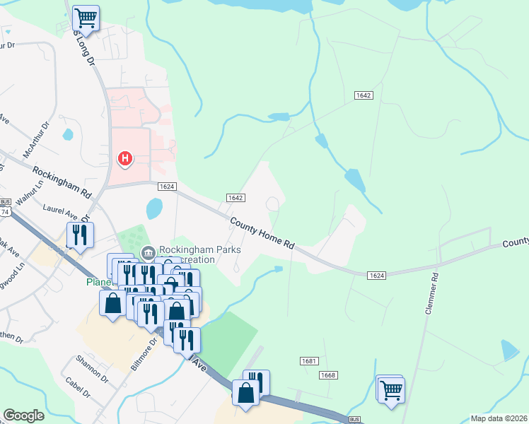 map of restaurants, bars, coffee shops, grocery stores, and more near 206 Greenridge Drive in Rockingham