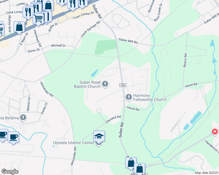 map of restaurants, bars, coffee shops, grocery stores, and more near 445 South Suber Road in Greer