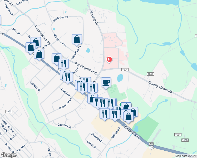 map of restaurants, bars, coffee shops, grocery stores, and more near 1107 South Long Drive in Rockingham