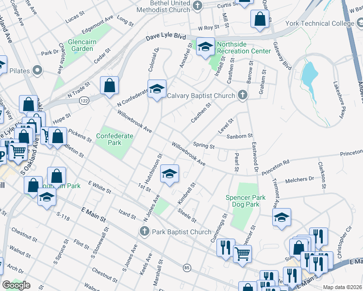 map of restaurants, bars, coffee shops, grocery stores, and more near 825 Brown Street in Rock Hill