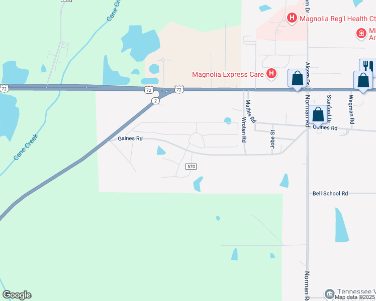 map of restaurants, bars, coffee shops, grocery stores, and more near 3888 Gaines Road in Corinth