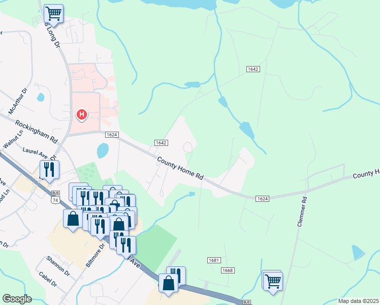 map of restaurants, bars, coffee shops, grocery stores, and more near 221 County Home Road in Rockingham
