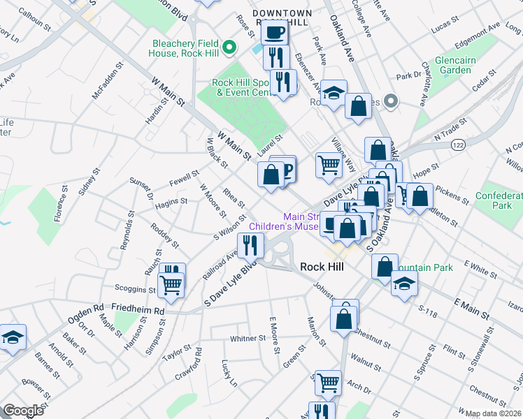map of restaurants, bars, coffee shops, grocery stores, and more near 149 West Black Street in Rock Hill
