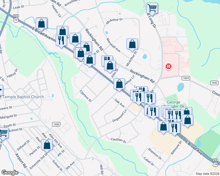 map of restaurants, bars, coffee shops, grocery stores, and more near 923 Thomas Street in Rockingham