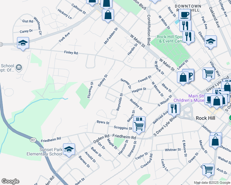 map of restaurants, bars, coffee shops, grocery stores, and more near 24 Hagins Street in Rock Hill