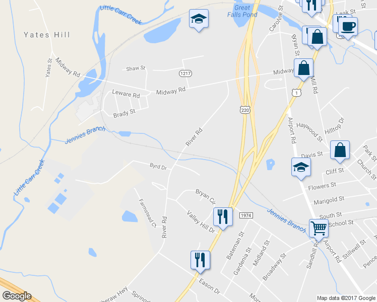 map of restaurants, bars, coffee shops, grocery stores, and more near 245 River Road in Rockingham