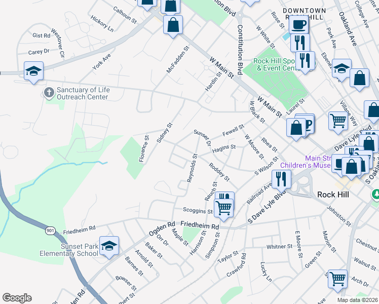 map of restaurants, bars, coffee shops, grocery stores, and more near 20 Hagins Street in Rock Hill