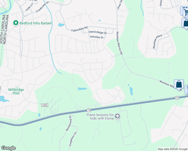 map of restaurants, bars, coffee shops, grocery stores, and more near 8001 Oakmere Road in Waxhaw