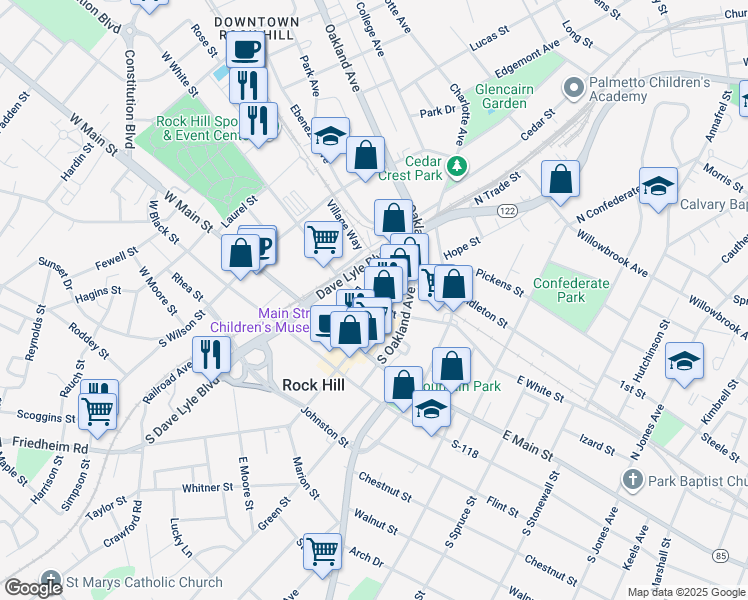 map of restaurants, bars, coffee shops, grocery stores, and more near 117 East White Street in Rock Hill