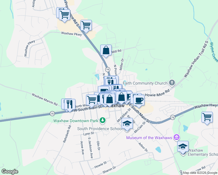 map of restaurants, bars, coffee shops, grocery stores, and more near 14 Bivens Street in Waxhaw