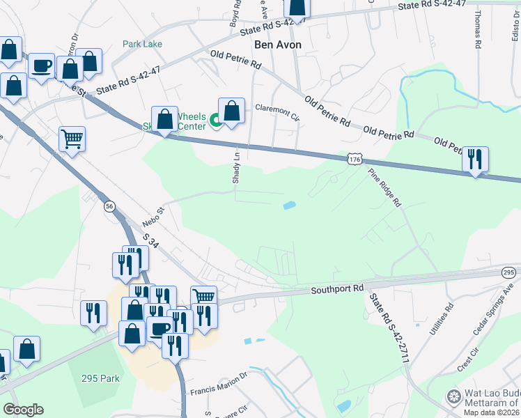 map of restaurants, bars, coffee shops, grocery stores, and more near 18 Lynwood Drive in Spartanburg