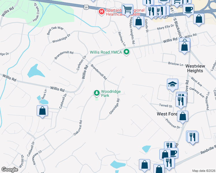 map of restaurants, bars, coffee shops, grocery stores, and more near 200 East Woodglen Road in Spartanburg
