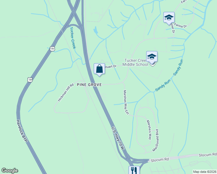 map of restaurants, bars, coffee shops, grocery stores, and more near 865 U.S. 70 in Havelock