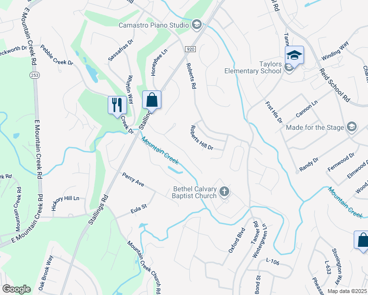 map of restaurants, bars, coffee shops, grocery stores, and more near 117 Ginger Lane in Taylors