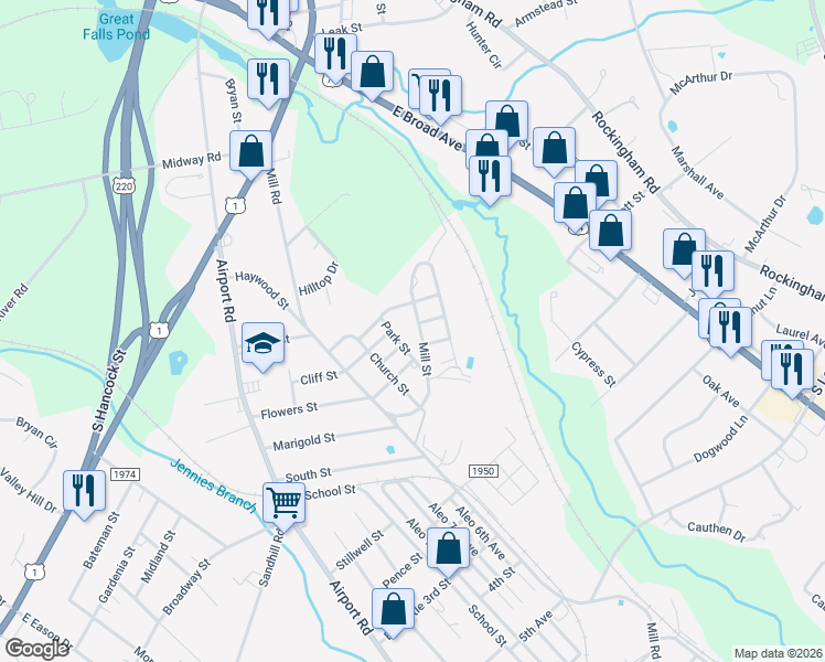 map of restaurants, bars, coffee shops, grocery stores, and more near 132 Park Avenue in Rockingham