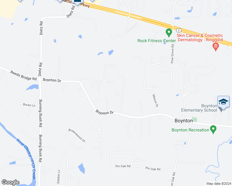 map of restaurants, bars, coffee shops, grocery stores, and more near 92 Agappa Lane in Ringgold
