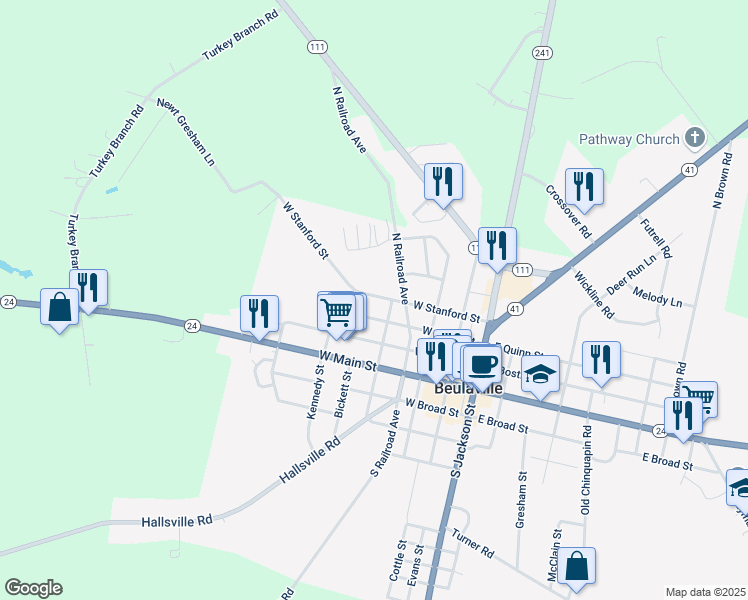map of restaurants, bars, coffee shops, grocery stores, and more near 132 Cornerstone Drive in Beulaville