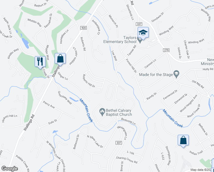 map of restaurants, bars, coffee shops, grocery stores, and more near 14 Madeline Circle in Taylors