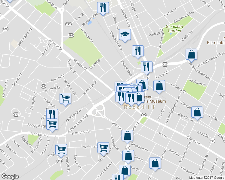 map of restaurants, bars, coffee shops, grocery stores, and more near 102 W Main St in Rock Hill