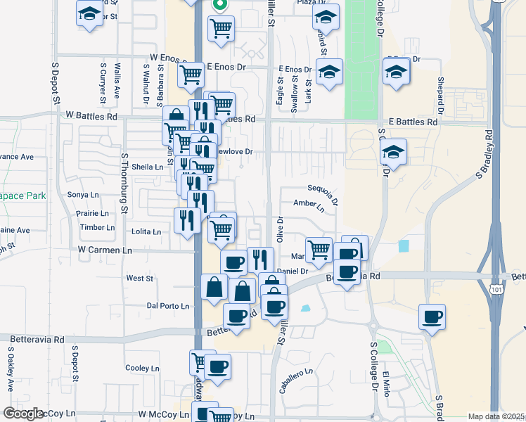 map of restaurants, bars, coffee shops, grocery stores, and more near 321 Inger Drive in Santa Maria