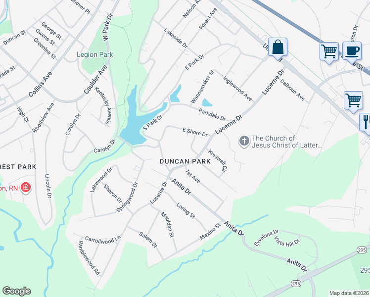 map of restaurants, bars, coffee shops, grocery stores, and more near 409 East Shore Drive in Spartanburg