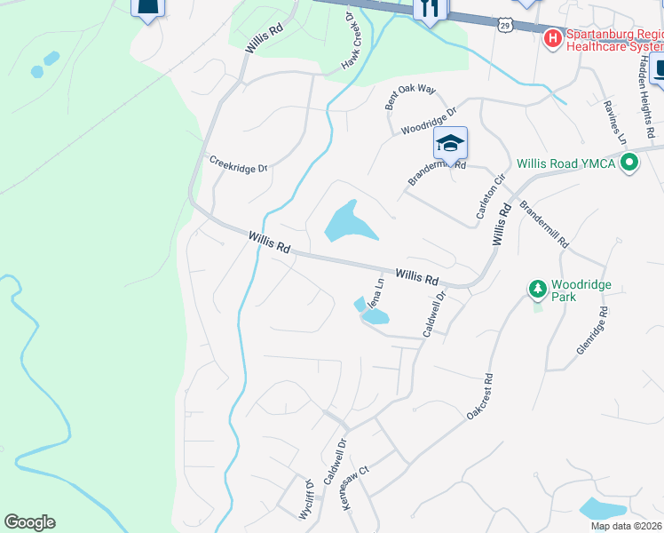 map of restaurants, bars, coffee shops, grocery stores, and more near 742 Willis Road in Spartanburg