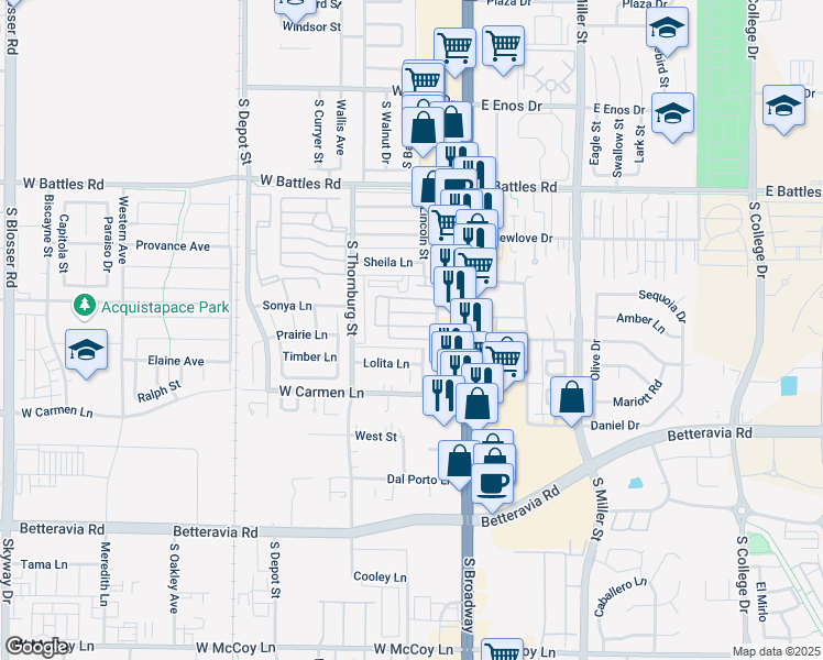 map of restaurants, bars, coffee shops, grocery stores, and more near 1900 South Lincoln Street in Santa Maria