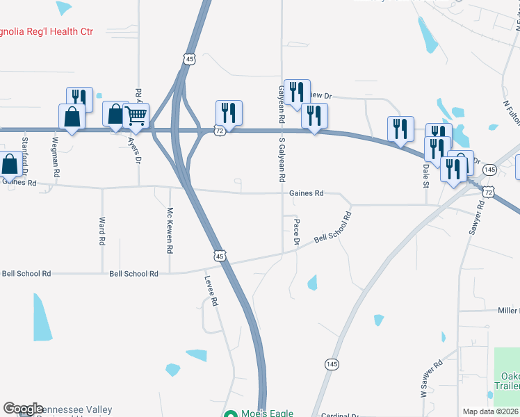 map of restaurants, bars, coffee shops, grocery stores, and more near 1855 Gaines Road in Corinth