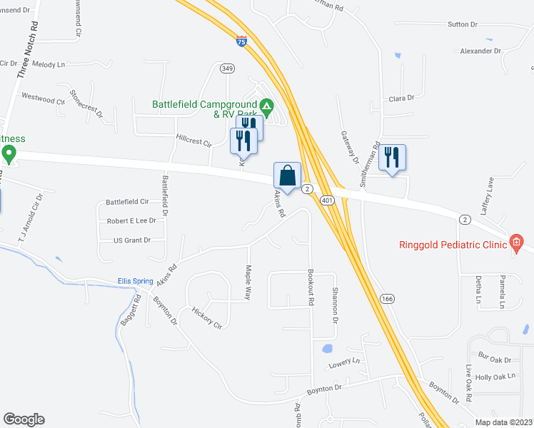 map of restaurants, bars, coffee shops, grocery stores, and more near 63 Knollwood Drive in Ringgold