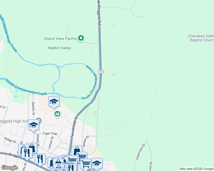 map of restaurants, bars, coffee shops, grocery stores, and more near 4143 Ooltewah Ringgold Road in Ringgold