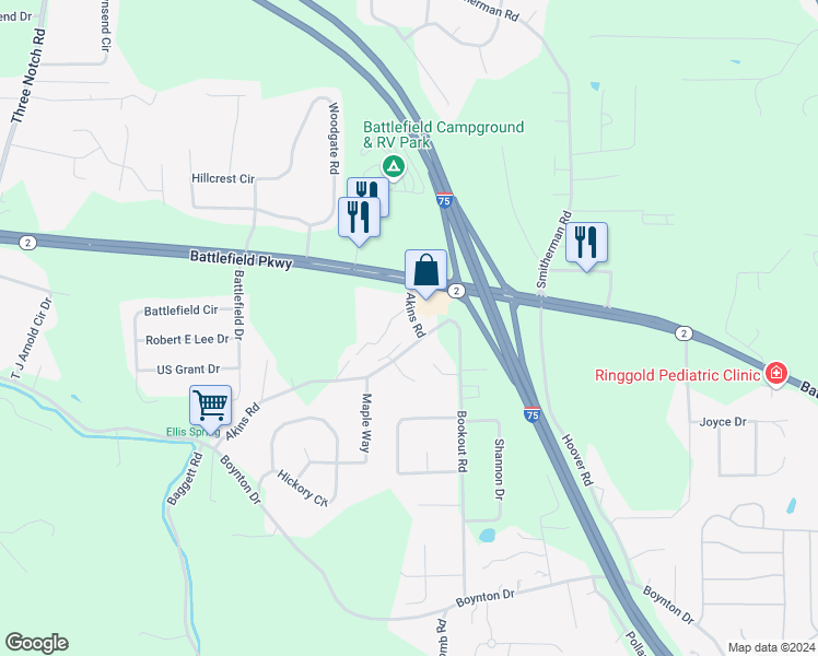 map of restaurants, bars, coffee shops, grocery stores, and more near 587 Akins Road in Ringgold