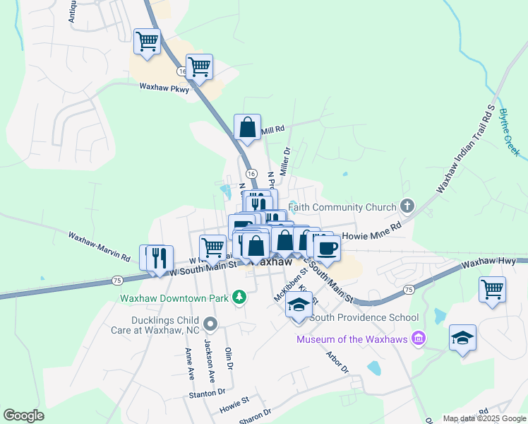 map of restaurants, bars, coffee shops, grocery stores, and more near in Waxhaw