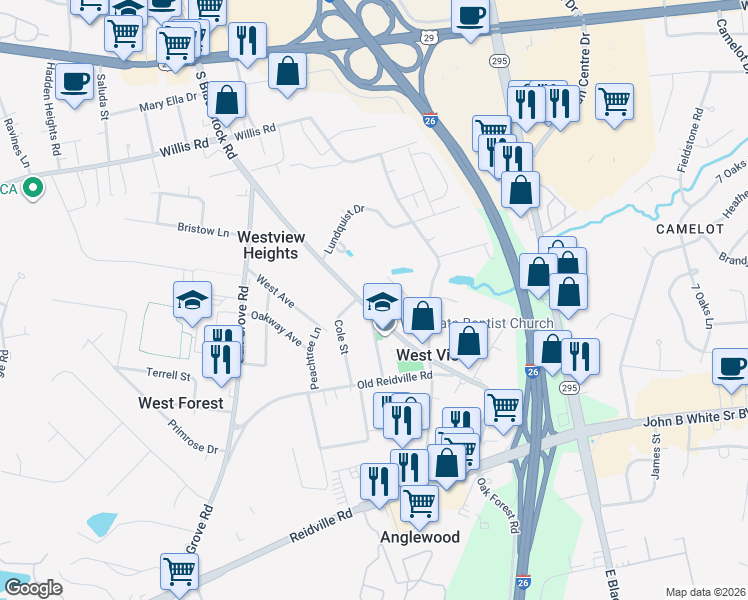 map of restaurants, bars, coffee shops, grocery stores, and more near 197 South Blackstock Road in Spartanburg