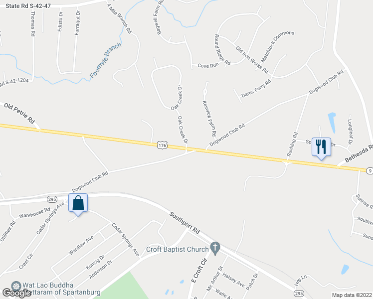 map of restaurants, bars, coffee shops, grocery stores, and more near 297 Dogwood Club Road in Spartanburg