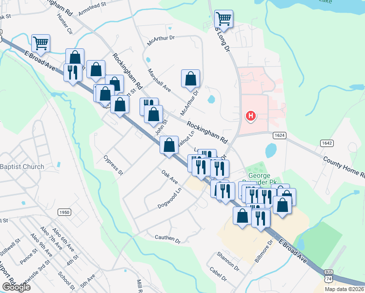 map of restaurants, bars, coffee shops, grocery stores, and more near 1011 Walnut Lane in Rockingham