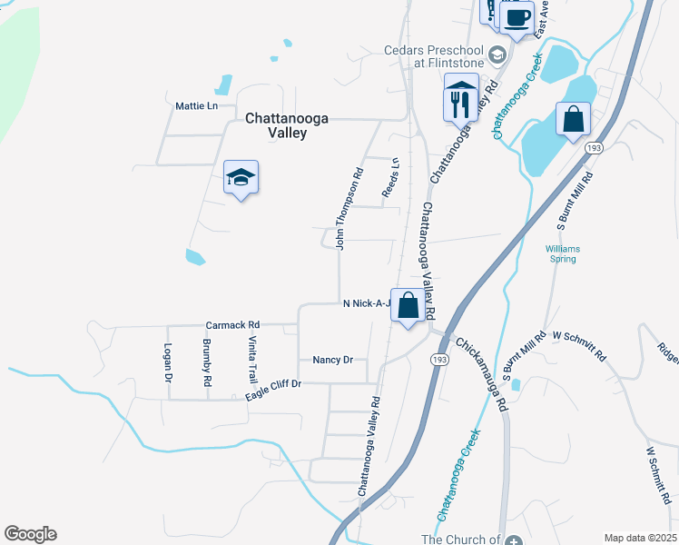 map of restaurants, bars, coffee shops, grocery stores, and more near 409 John Thompson Road in Chattanooga Valley