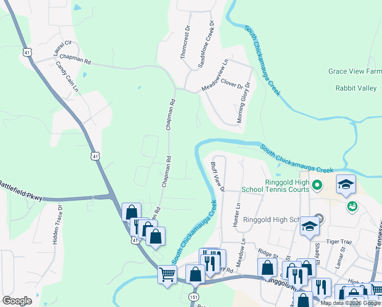 map of restaurants, bars, coffee shops, grocery stores, and more near 96 Creek Court in Ringgold