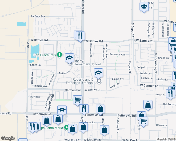 map of restaurants, bars, coffee shops, grocery stores, and more near 1825 Sterling Place in Santa Maria