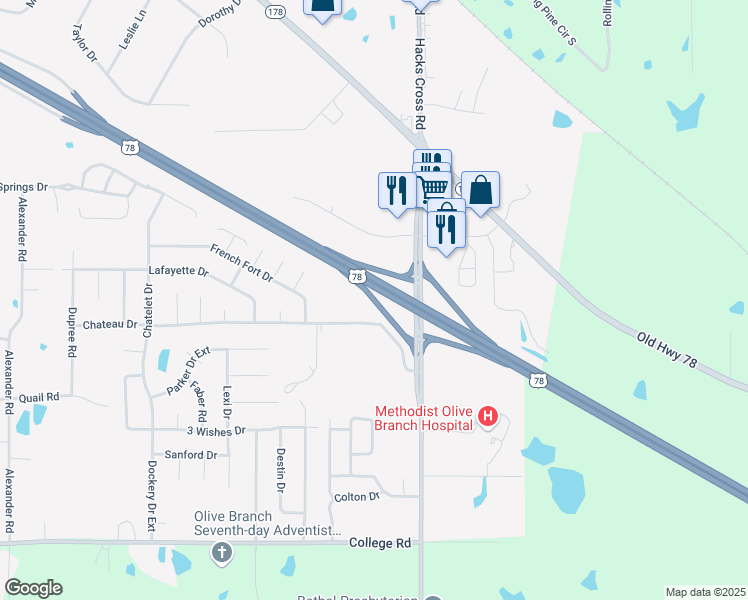 map of restaurants, bars, coffee shops, grocery stores, and more near 4740 Bethel Road in Olive Branch