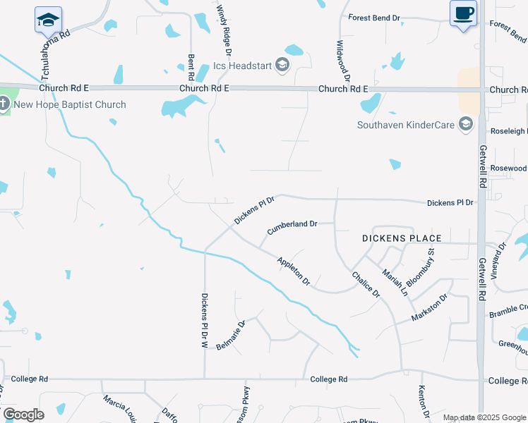 map of restaurants, bars, coffee shops, grocery stores, and more near 2214 Dickens Place Drive in Southaven