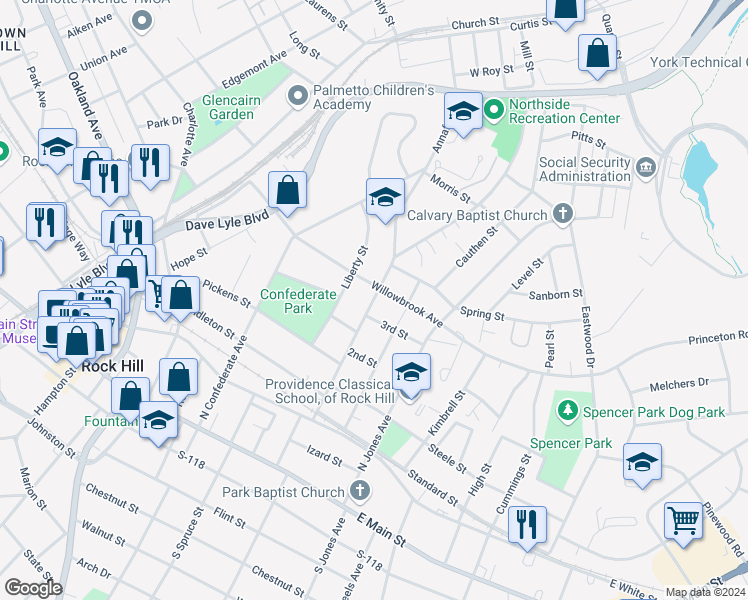 map of restaurants, bars, coffee shops, grocery stores, and more near 515 Annafrel Street in Rock Hill