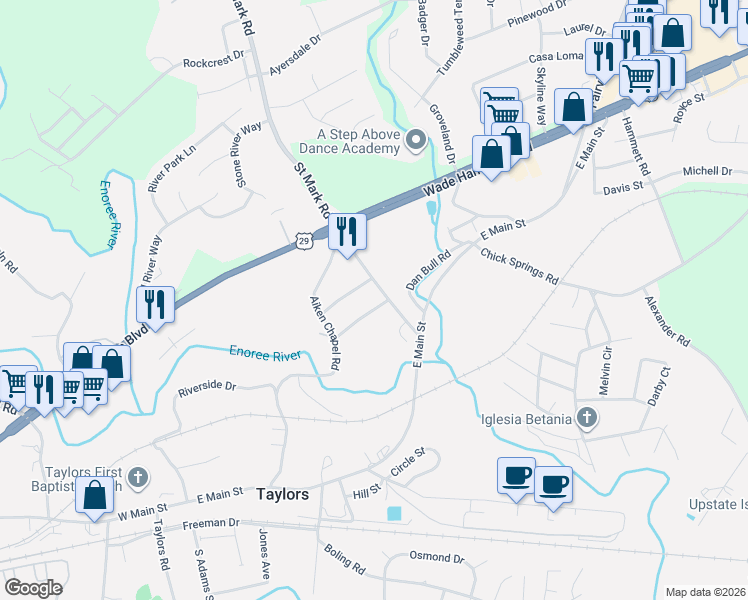 map of restaurants, bars, coffee shops, grocery stores, and more near 5 Jonquil Lane in Taylors