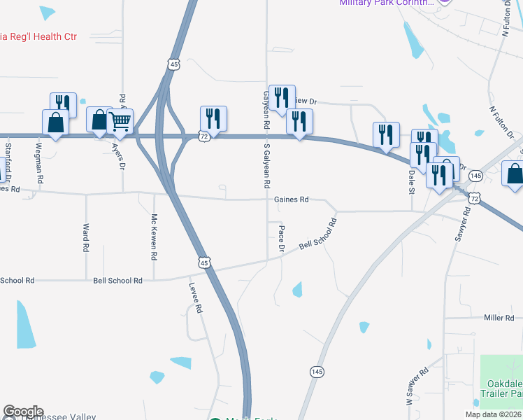 map of restaurants, bars, coffee shops, grocery stores, and more near 1855-1907 Gaines Road in Corinth