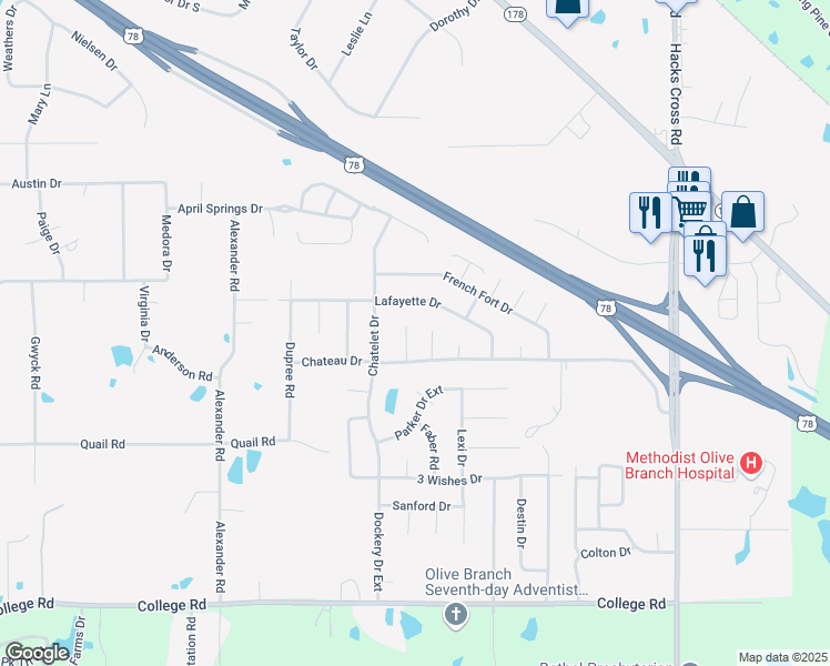 map of restaurants, bars, coffee shops, grocery stores, and more near 4596 Fontaine Place in Olive Branch