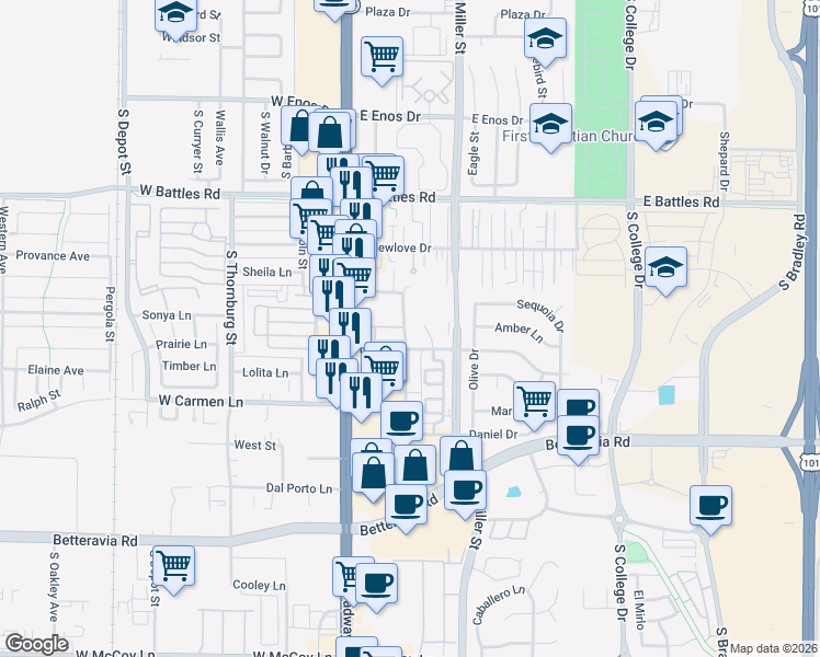 map of restaurants, bars, coffee shops, grocery stores, and more near 1779 McClelland Street in Santa Maria