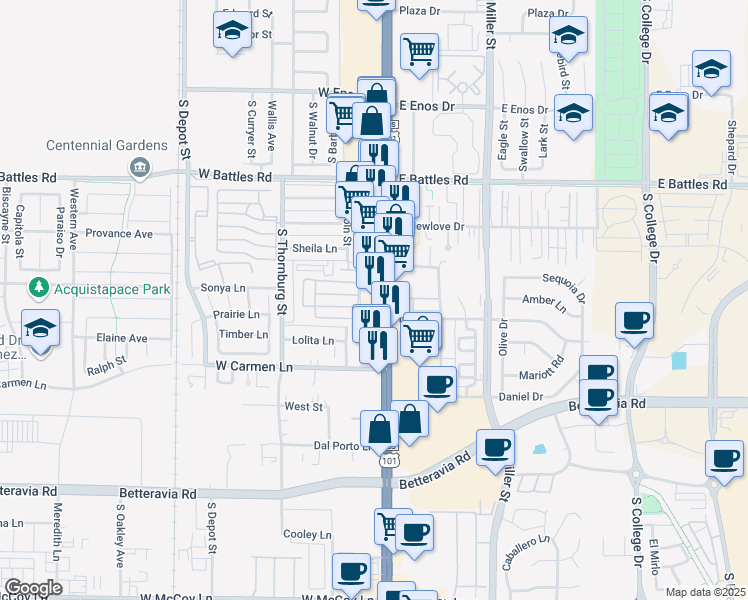 map of restaurants, bars, coffee shops, grocery stores, and more near 1825 South Broadway in Santa Maria