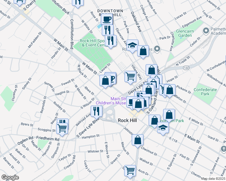 map of restaurants, bars, coffee shops, grocery stores, and more near 137 West Main Street in Rock Hill