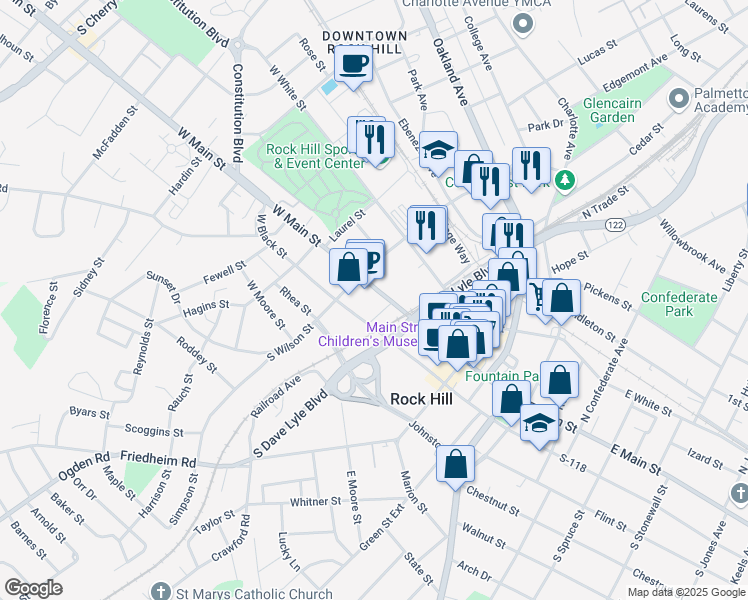 map of restaurants, bars, coffee shops, grocery stores, and more near 137 East Main Street in Rock Hill